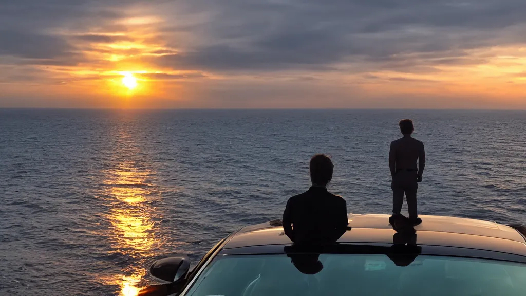 Image similar to a movie still of a man standing on the roof of a car driving through the ocean at sunset, golden hour