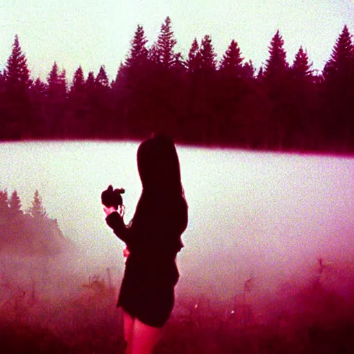 Image similar to film still, extreme far view, anime girls, foggy forest at night, satanic ritual, bonfire, cult, red tint expired film,