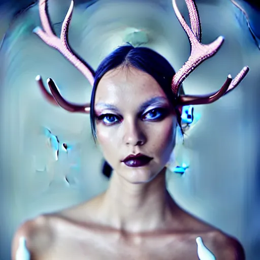 Image similar to high fashion photography of a model in neo futurism white sci - fi makup wearing antlers, transparent cloth, beautifully lit