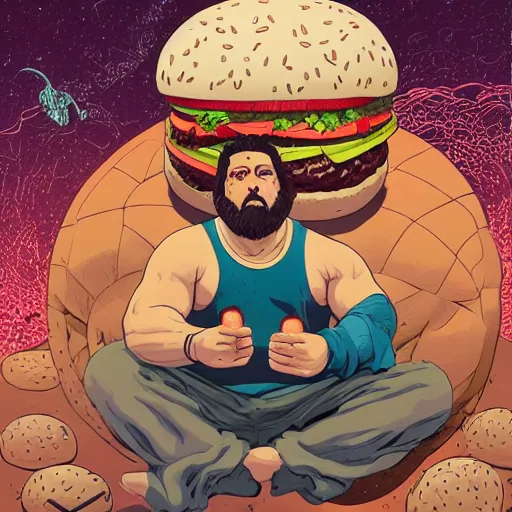 Image similar to greco-roman wrestler observing and meditating over giant hamburger, extra onions and ketchup, luscious patty with sesame seeds, oncept art by josan gonzales and wlop, by james jean, Victo ngai, David Rubín, Mike Mignola, Laurie Greasley, highly detailed, sharp focus, alien, Trending on Artstation, HQ, deviantart, art by artgem