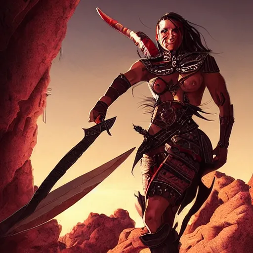 Prompt: Portrait of a strong fierce female berber tiefling barbarian with red skin, straight horns and black hair in a ponytail holding a large scimitar and wearing a steel breastplate in a desert, art by greg rutkowski