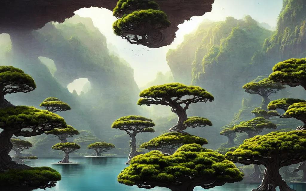 Prompt: a beautiful highly detailed matte painting of an alien planet with giant bonsai trees with a lake surrounded by a canyon and ruins. by dylan cole concept art