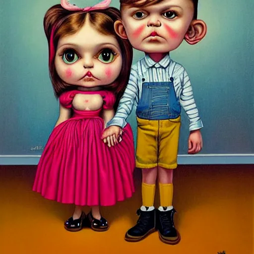 Prompt: a couple and their child portrait, living room wall background, lowbrow art pop surrealism 70's art style, by Mark Ryden and Hikari Shimoda