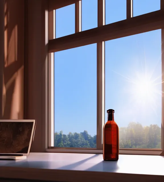 Image similar to a 4 k photorealistic photo of a bottle on a desk infront of a window. good reflections, sunny with sunbeams.