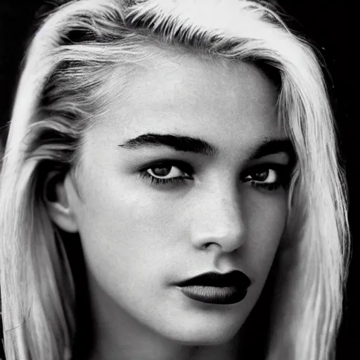 Prompt: black and white vogue closeup portrait by herb ritts of a beautiful female model, eyebrows, high contrast