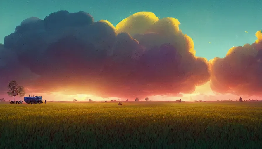 Image similar to colourful sky, wheat field, tractors, big trees, matte painting, art station, digital art, simon stalenhag