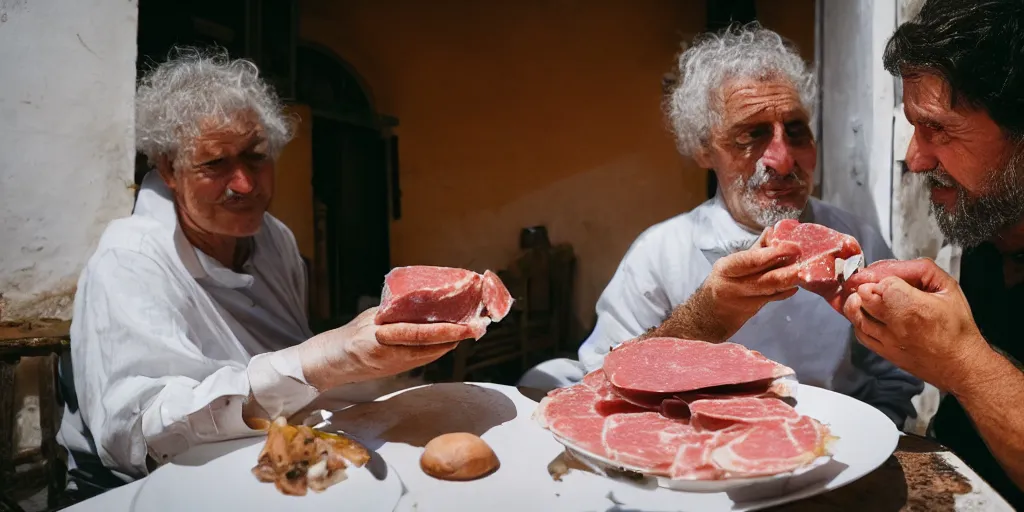 Prompt: photography of a cat eating mortadella with his loved owner at a trullo house, photoreal, 3 5 mm, award winning photography