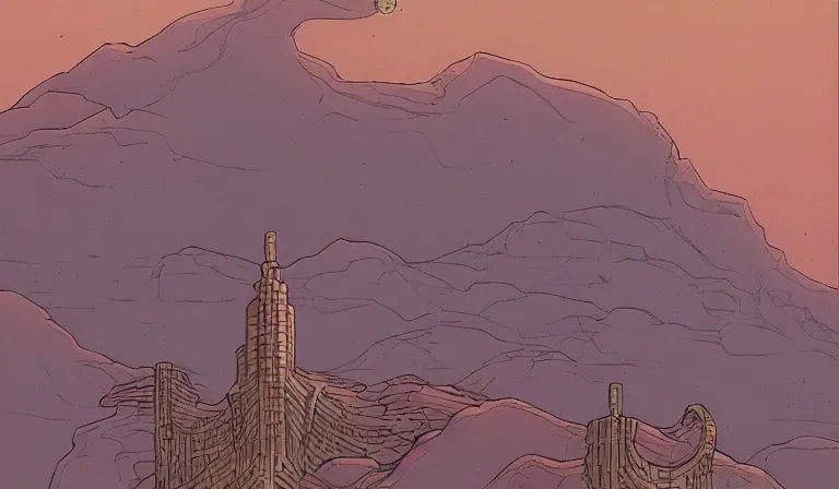 Prompt: A serene landscape with a singular building in the style of Moebius.