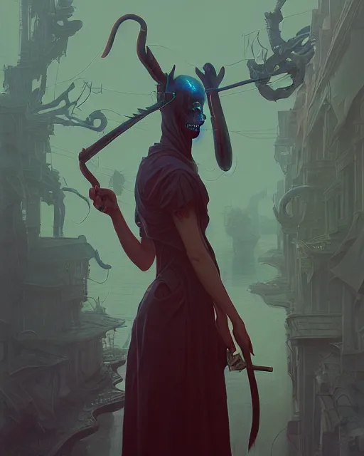 Image similar to highly detailed surreal vfx portrait of a lobsterpunk grim reaper, stephen bliss, unreal engine, greg rutkowski, loish, rhads, beeple, makoto shinkai and lois van baarle, ilya kuvshinov, rossdraws, tom bagshaw, alphonse mucha, global illumination, detailed and intricate environment