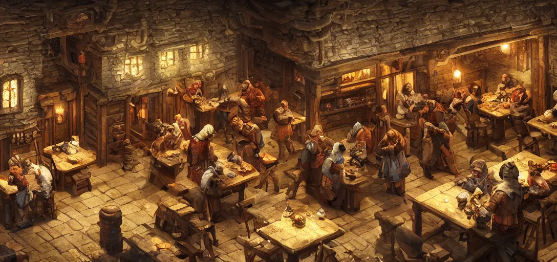 Image similar to medieval tavern, isometric view, game art, game dev, concept, extremely high detail, photo realistic, cinematic lighting, post processed, concept art, artstation, matte painting, style by eddie mendoza, raphael lacoste, alex ross