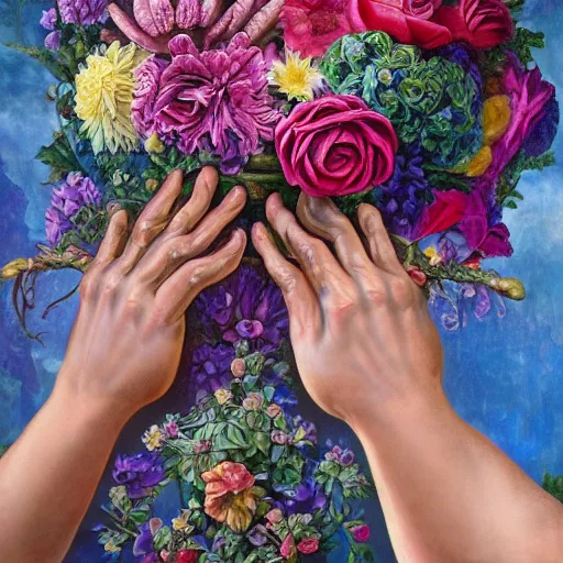 Prompt: photorealistic beautiful hands holding a big elaborate maximalist flower. mixed media 3d and oil painting in the style of Michelangelo and Banksy with flemish baroque details. hyperdetailed HD 8x