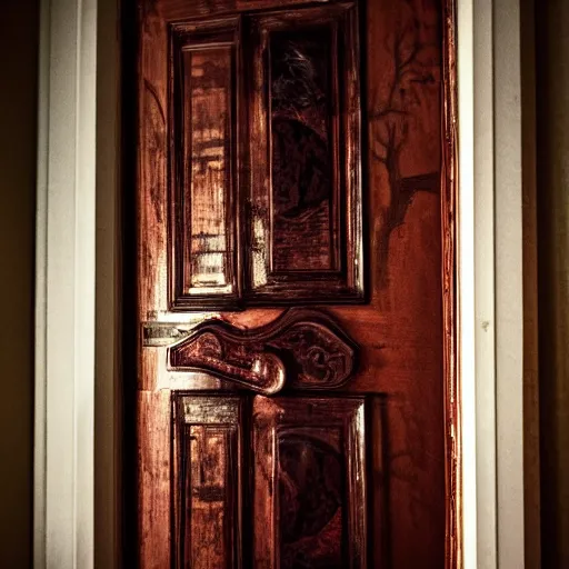 Prompt: foreboding door at the end of a dark hotel hallway, creepy, eerie, surreal, liminal,