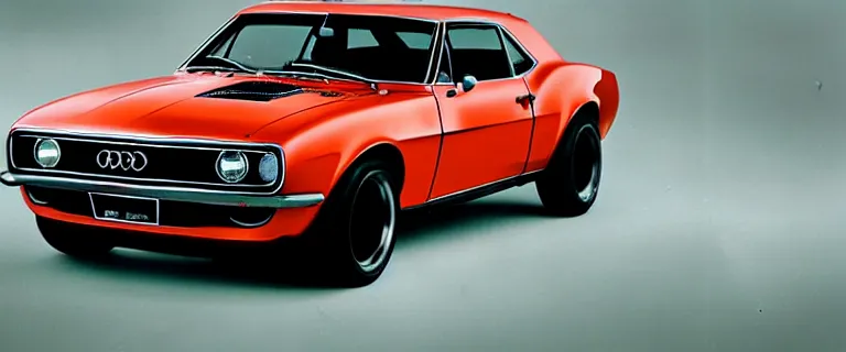 Image similar to black audi camaro b 1 ( 1 9 6 7 ) with flames livery, retro poster, establishing shot