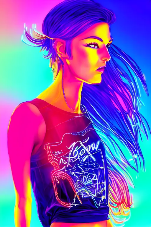 Image similar to a award winning half body portrait of a beautiful woman with stunning eyes in a croptop and cargo pants with rainbow colored ombre hairstyle head in motion and hair flying by thomas danthony, surrounded by whirling illuminated neon lines, outrun, vaporware, shaded flat illustration, digital art, trending on artstation, highly detailed, fine detail, intricate