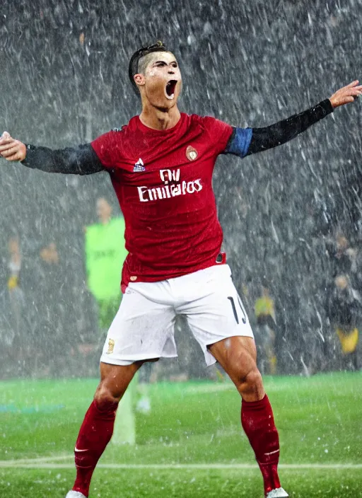 Prompt: epic face portrait cristiano ronaldo after scoring a goal, hard rain