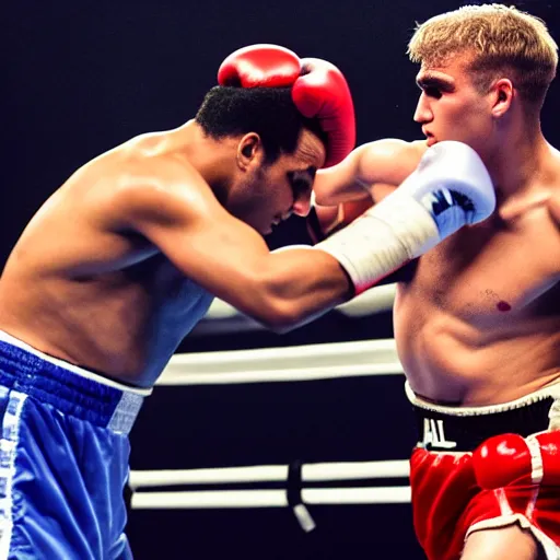 Image similar to jake paul vs mohammed ali, brutal boxing match, sports photography, sweat flying, hd high detail, professional photo