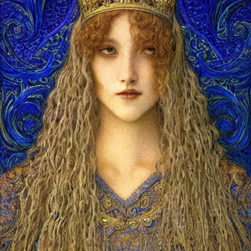 Image similar to detailed realistic beautiful young medieval queen head and shoulders portrait by jean delville, art nouveau, symbolist, visionary, gothic, pre - raphaelite