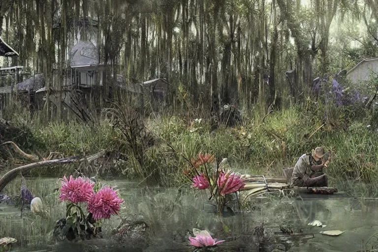 Image similar to hyperrealism, scene from louisiana swamps, starship, spring blooming flowers garden, true detective, 8 0 s japanese sci - fi books art