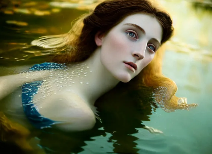 Prompt: Kodak Portra 400, 8K, soft light, volumetric lighting, highly detailed, britt marling style 3/4 ,portrait photo of a beautiful woman how pre-Raphaelites painter, the face emerging from the water of a pond with water lilies, part of the face is underwater, she has a beautiful lace dress and hair are intricate with highly detailed realistic beautiful flowers , Realistic, Refined, Highly Detailed, natural outdoor soft pastel lighting colors scheme, outdoor fine art photography, Hyper realistic, photo realistic