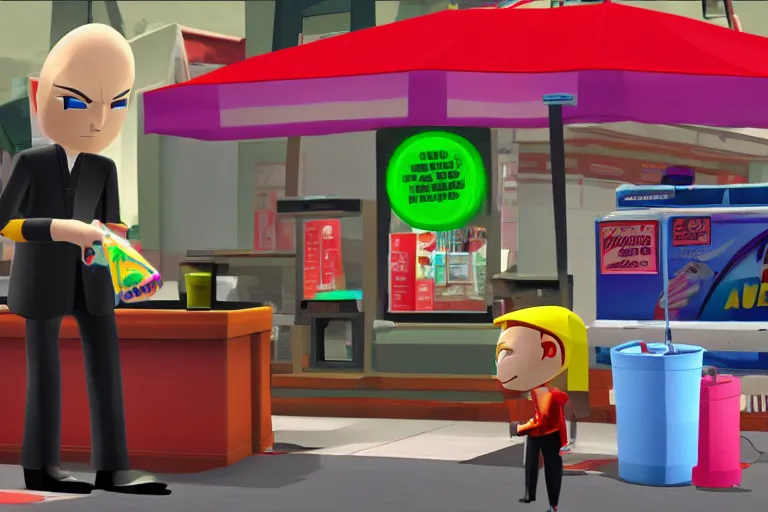 Image similar to agent 4 7 ordering a slurpee at 7 1 1, gamecube wind waker screenshot