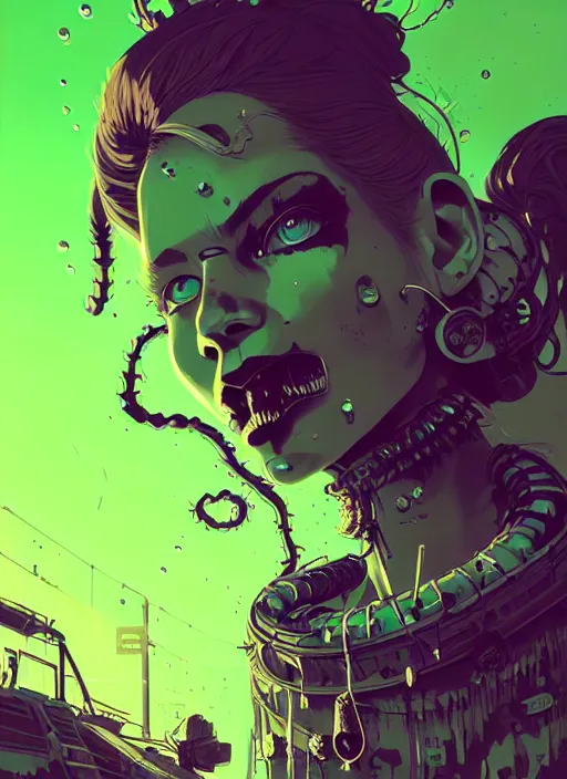 Prompt: highly detailed portrait of an angry wasteland punk long dripping green poison hair tribal lady, stray wiring by atey ghailan, james gilleard, by joe fenton, by greg rutkowski, by greg tocchini, by kaethe butcher, 4 k resolution, gradient purple, brown black and white color scheme!!! ( ( green flaming robotic sewer background ) )