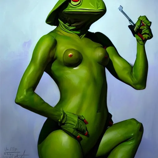 Image similar to greg manchess portrait painting of armored kermit the frog as overwatch character, medium shot, asymmetrical, profile picture, organic painting, sunny day, matte painting, bold shapes, hard edges, street art, trending on artstation, by huang guangjian and gil elvgren and sachin teng