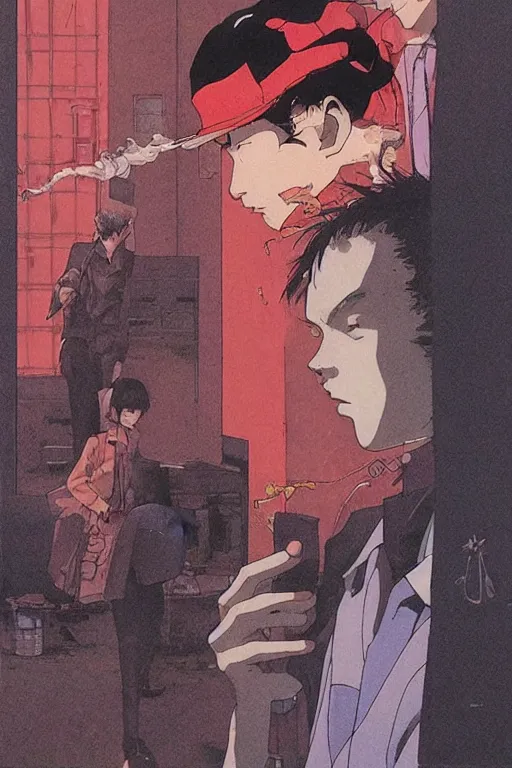 Prompt: 'smoking. artwork by Satoshi Kon and Yoshitaka Amano and Moebius'