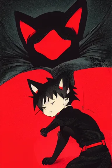 Image similar to little boy with cat ears in an black outfit with red cape. digital artwork made by lois van baarle and kentaro miura, sharpness focus, inspired by hirohiko araki, anatomically correct, heroic composition, hero pose, smooth, night city, hd