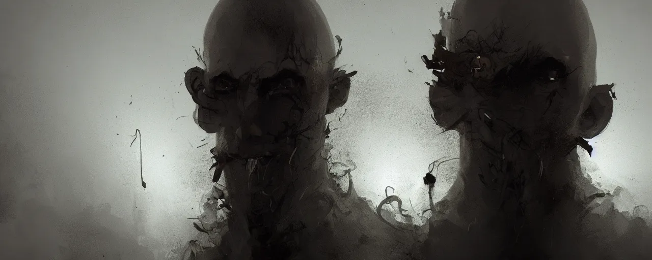 Image similar to duotone noir illustration close up of bald merchant demon floating in midair in medieval brown tunic. background willow tree foggy evening. dynamic dark dream atmosphere with volumetric hellish lighting, by sachin teng and sergey kolesov and ruan jia and heng z. graffiti art, scifi, fantasy, hyper detailed. octane render. concept art. trending on artstation