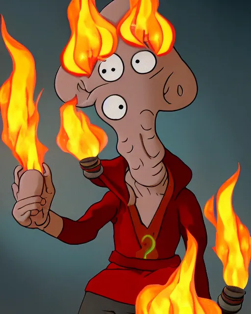 Prompt: squidward wearing fire nation clothing and practicing firebending