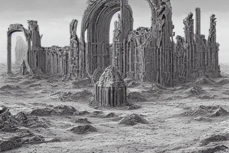 Image similar to intricate, 3 d, endless wastes vast desert abandoned buildings, style by caspar david friedrich and wayne barlowe and ted nasmith