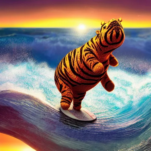 Image similar to a closeup photorealistic photograph of a happy knitted tiger hippopotamus riding a large wave during sunset. surf in the background. professional capture. brightly lit scene. this 4 k hd image is trending on artstation, featured on behance, well - rendered, extra crisp, features intricate detail, epic composition and the style of unreal engine.