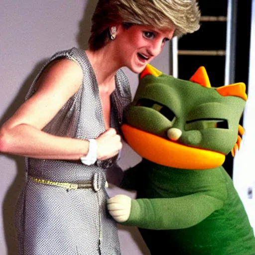 Prompt: a photo of Princess Diana meeting comic character Garfield the cat, 1990s, Jim Davis