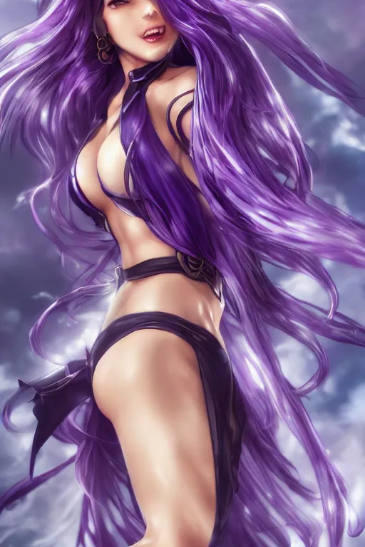 Image similar to a very beautiful mature raiden of genshin impact, full body, long wavy purple hair, purple eyes, full round face, bikini, miniskirt, front view, mid - shot, cute pose, highly detailed, cinematic wallpaper by stanley artgerm lau