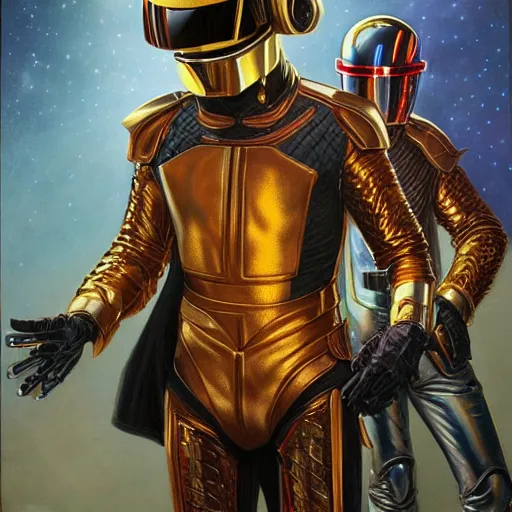 Prompt: Daft Punk as fantasy D&D characters, portrait art by Donato Giancola and James Gurney, digital art, trending on artstation