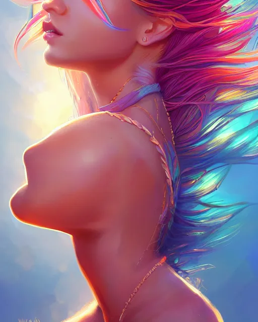 Image similar to summer vibes, beautiful sun tanned goddess portrait, flowy rainbow hair, sun, summer, cinematic lighting, highly detailed, digital painting, trending on artstation, pixiv, concept art, sharp focus, illustration, art by ross tran and wlop