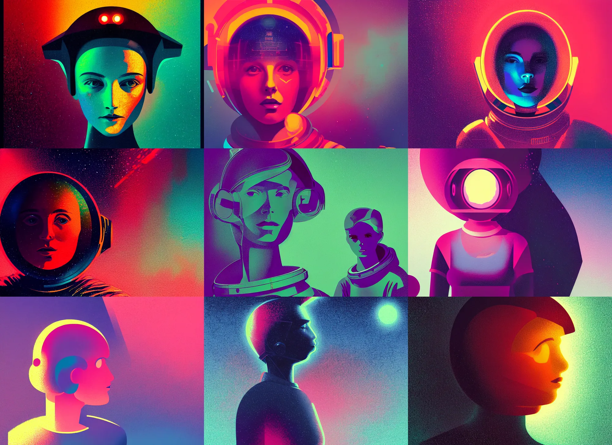 Prompt: ( ( dither ) ), editorial illustration portrait of a young astronaut girl, colorful, modern art deco, mads berg, karolis strautniekas, christopher balaskas, stippled light, moody, fine texture, dramatic lighting, dynamic composition, detailed, matte print, dynamic perspective, muted color