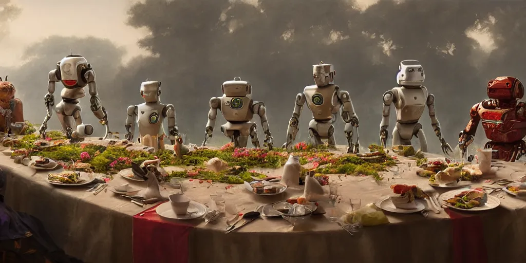 Image similar to a table dinner of robots where robots are dressed like the characters from the midsommar movie, sharp focus, wide shot, trending on artstation, masterpiece, by greg rutkowski, by ross tran, by fenghua zhong, octane, soft render, ultrarealistic, colorful, cinematic