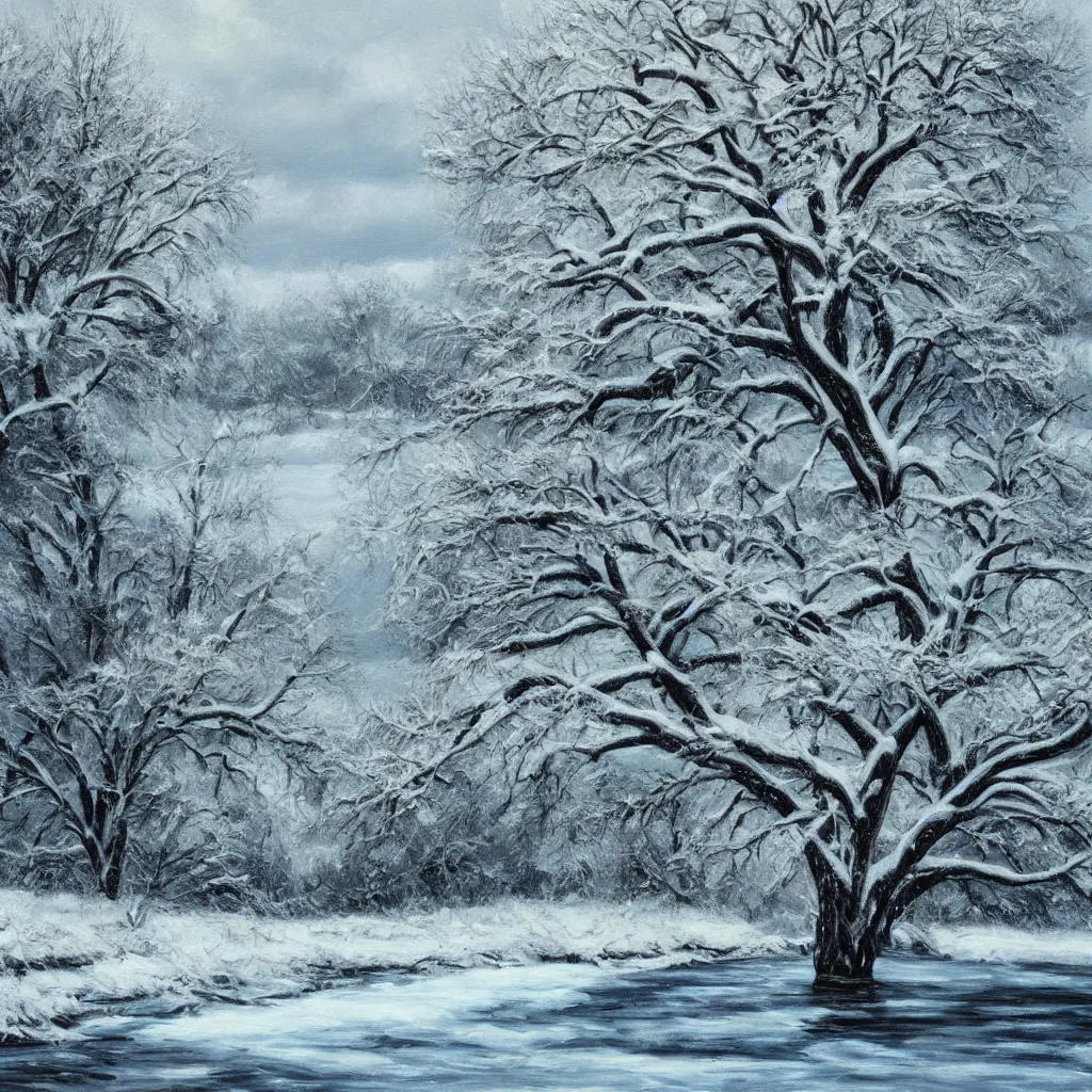 Prompt: landscape of a river, big tree, snow on the tree, painting, hd,