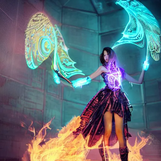 Prompt: a girl like yoona, in a glowing skirt with feathers, wearing cybernetic bunny ears, casting fire spell in shape of a butterfly, in the middle of round ruins, background cyberpunk spaceship, full shot, photo, geometries, Fibonacci, volumetric lighting, epic composition, intricate details, dark neon punk, by denis villeneuve , Greg Rutkowski and Alphonse Mucha