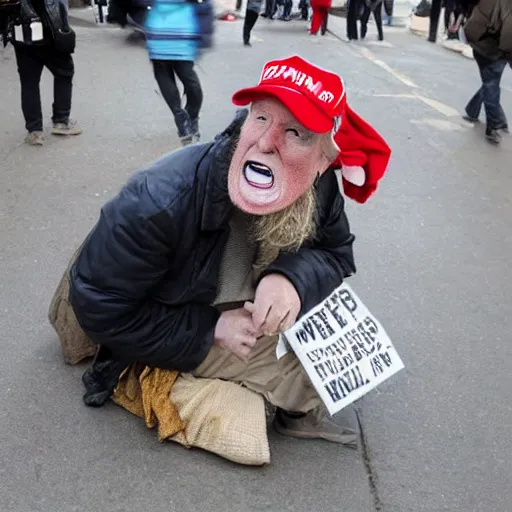 Image similar to donald trump dressed as a homeless man asking for money on the streets, detailed face