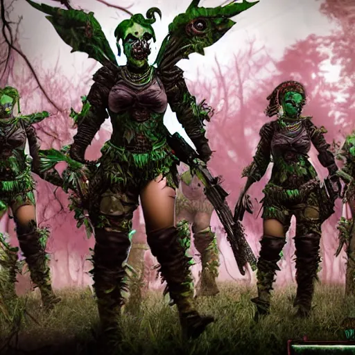 Prompt: squad of beautiful armed zombie girls in army of nurgl warhammer in fantasy green forest between a trees fights with a monster, dark fantasy, highly detailed, trending on artstation, Unreal Engine 4k