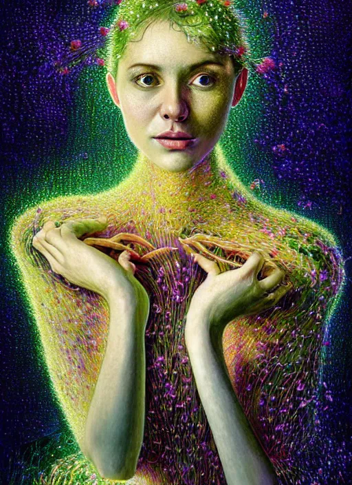 Image similar to hyper detailed 3d render like a Oil painting - Aurora (Singer) Eats of the Strangling Fruit and Her delicate Hands full of gossamer polyp blossoms bring iridescent translucent fungal flowers whose spores black the foolish stars by Jacek Yerka, Mariusz Lewandowski, Houdini algorithmic generative render, Abstract brush strokes, Masterpiece, Edward Hopper and James Gilleard, Zdzislaw Beksinski, Mark Ryden, Wolfgang Lettl, hints of Yayoi Kasuma, octane render, 8k