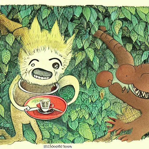 Prompt: highly detailed illustration of a monster smiling and dancing around a beautiful steaming cups of coffee, amongst coffee trees and flowers, in the style of Japanese illustration, Maurice Sendak, Tove Jansson