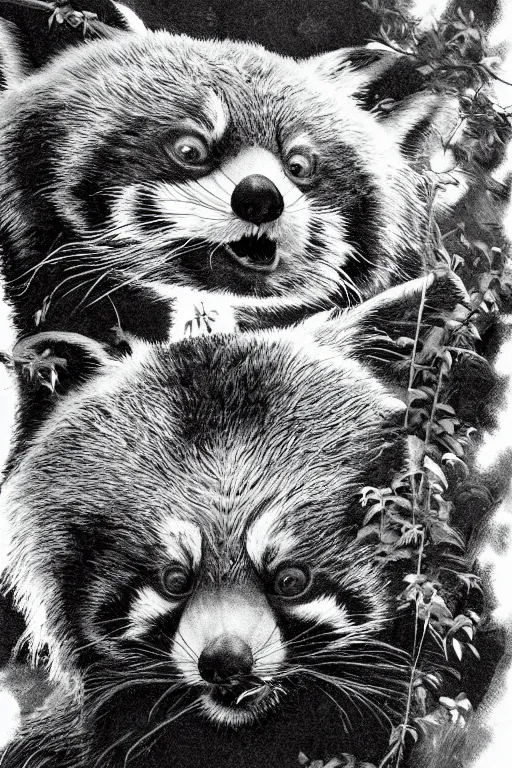 Image similar to red panda artist,in the style of Earl Norem and Alicia Austin,trending on artstation, broken lighting top view,camcorder effect ,mandelbulb 3d,black and white,Myst ,impressionism ,