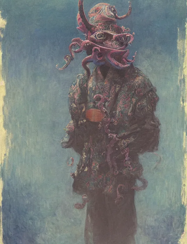 Image similar to a magical fantastic non human samurai with a octopus mask by jeremy lipkin, by claude monet, made with millions of stroke, japanese inspiration, wonderful details, crazy colors 1 0 %, pale sober colors 9 0 %