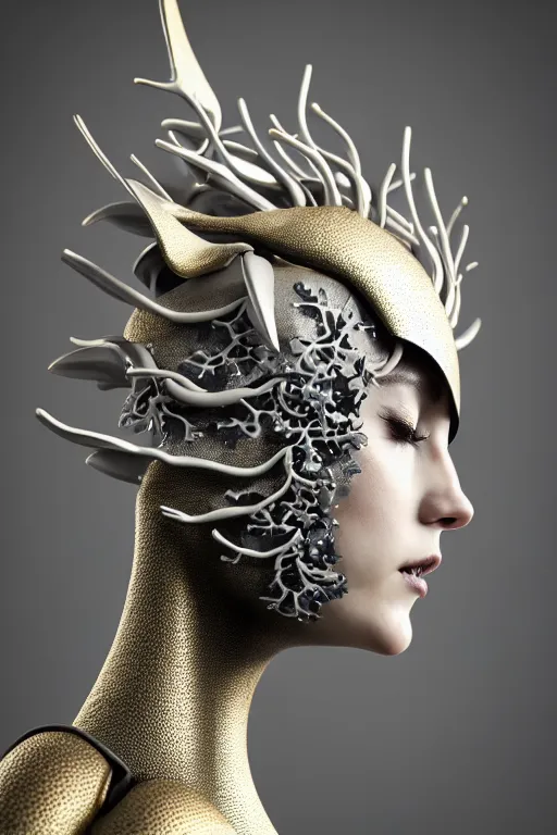 Image similar to monochrome close - up profile face, black background, beautiful young porcelain bio - mechanical vegetal - dragon - cyborg - female, white metallic armour, silver gold details, magnolia leaves and stems, roots, mandelbot fractal, 1 5 0 mm, beautiful natural soft rim light, elegant, hyper real, ultra detailed, octane render, 1 6 k