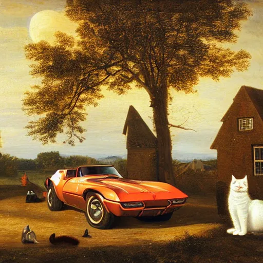 Image similar to corvette with cats sitting in and on the car, old dutch painting, golden hour, shadows, wide shot