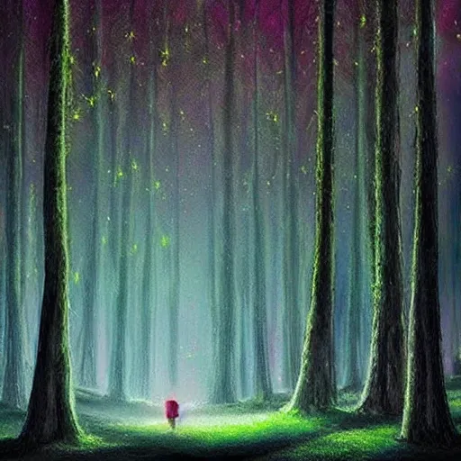 Prompt: a beautiful matte painting of glowing Fireflies in an amazing forest in the night, by artist, artist and artist. Trending online