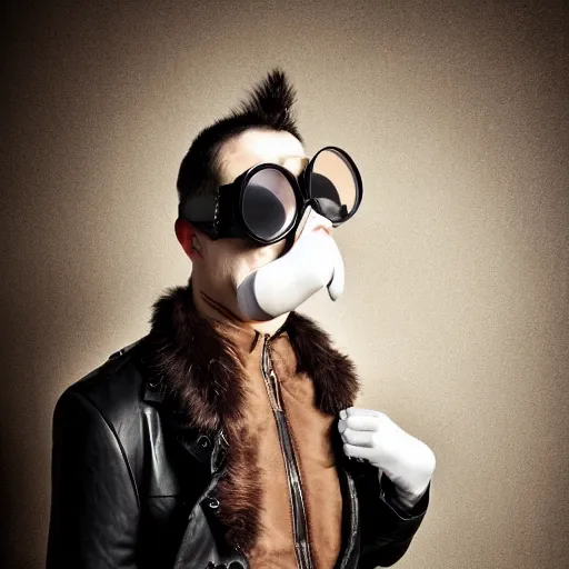 Image similar to anthropomorphic goose wearing steampunk leather goggles, leather facial mask, a long leather coat, dramatic lighting, full body shot, sigma 5 0 mm